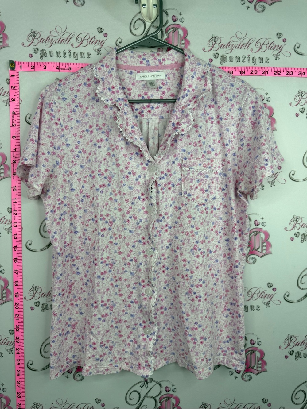 Midnight by Carole Hochman Pink and Purple Floral Ruffle-Collar Short-Sleeve Top